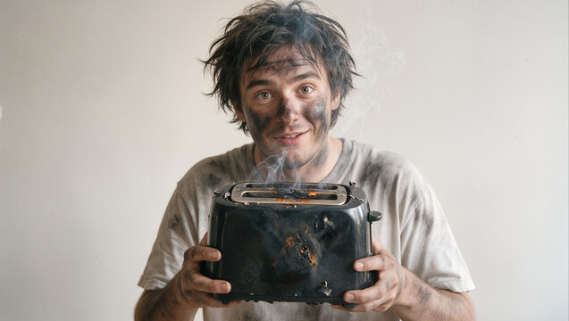 Clumsy man holding burnt smoking toaster after kitchen accident. Messy young adult with soot on face following failed breakfast attempt.