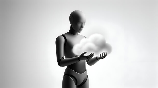 Monochrome 3D Robot Holding a Cloud for AI and Cloud Computing Concept