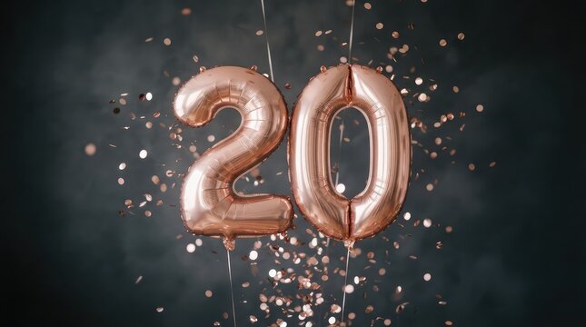 Rose gold 20th birthday balloons celebration with sparkles. Luxury metallic number twenty party decor for milestone events.