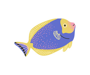 Cute colorful blue tang fish illustration. Flat exotic aquarium fish or tropical reef wildlife icon isolated on white background