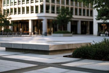 Obraz premium A view of a modern urban plaza showcases overhanging planter boxes, blending nature with architecture, evoking feelings of tranquility and harmony in city life.