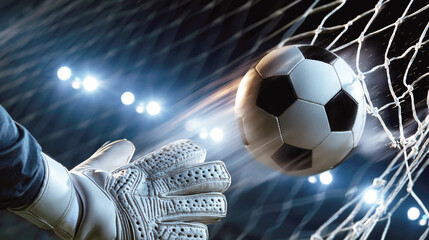 Obraz premium A goalkeeper reaches toward a soccer ball striking the net beneath bright stadium lights during a dramatic match.