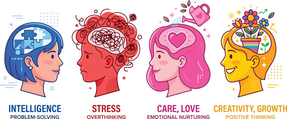 Mental health concepts profile heads showing intelligence stress care and creativity © Hafsa