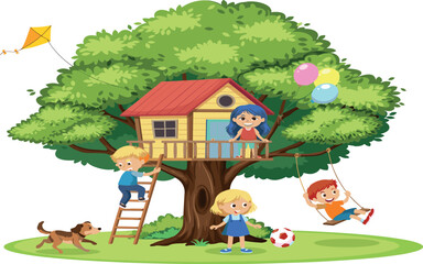 Cartoon Treehouse Scene with Happy Kids Playing on Swing Climbing Ladder Flying Kite and Running with Pet Dog for Summer Recreation Graphic Designs