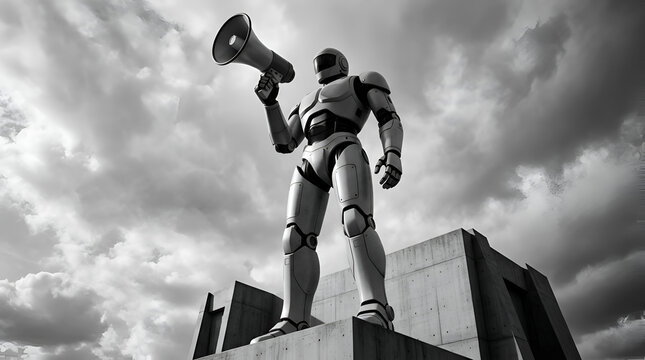 Monochrome low angle shot of futuristic robot holding megaphone against dramatic cloudy sky