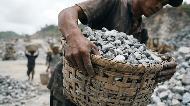 Manual Laborer Carrying a Heavy Basket of Crushed Stones at a Quarry