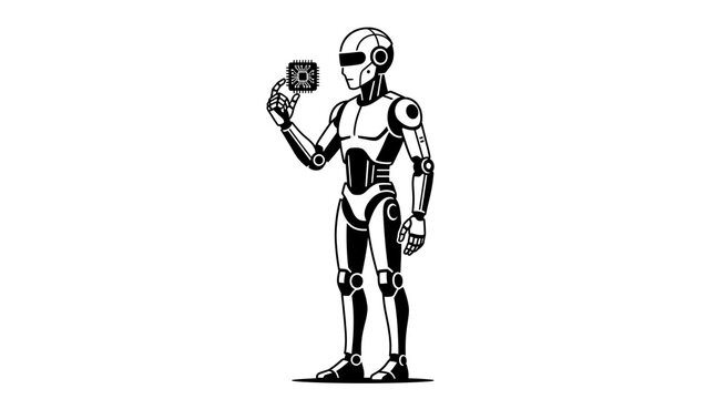 Monochrome vector illustration of a humanoid robot holding a microchip