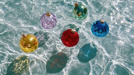 Fototapeta premium Sunlit water surface with colorful glass ornaments creating a vibrant and festive holiday scene.