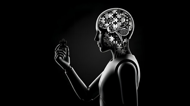 Artificial Intelligence and Mental Health Monochrome Concept with Jigsaw Brain