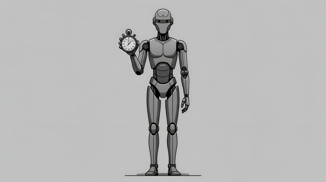 Monochrome vector illustration of humanoid robot holding a stopwatch