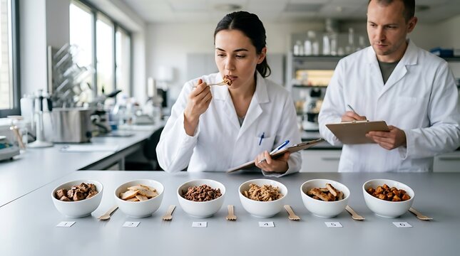 Food Scientists Conducting Sensory Evaluation and Taste Test of Cereal in Laboratory Setting