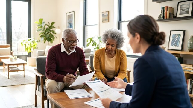 Senior couple reviewing legal documents with a professional advisor in a bright sunlit modern office