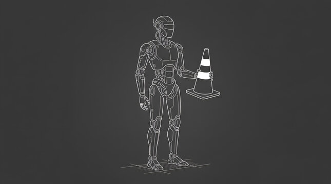 Monochrome line art illustration of a humanoid robot holding a traffic cone on dark background
