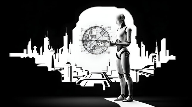 Monochrome illustration of futuristic robot designing a smart city