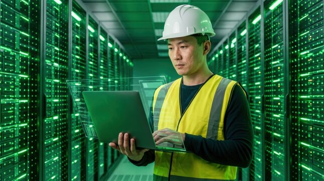 Engineer inspecting data center server room with tablet.