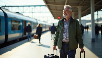 Fototapeta premium Elderly man with luggage waits on train platform. He smiles looking away from camera. Train and other passengers are blurred in background. Active senior travels by rail.