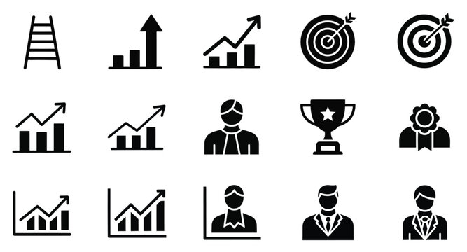 Set of sixteen business growth and achievement icons with charts and trophy symbols Vector