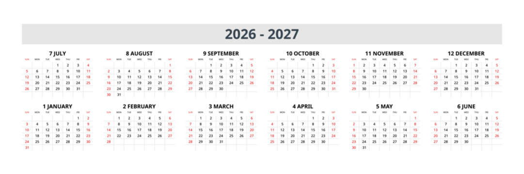 English 2026-2027 Horizontal 6x2 Grid Asymmetric Geometric Shapes Calendar Clean Abstract Annual Planner (Compatible with 2037-2038 and 2054-2055).