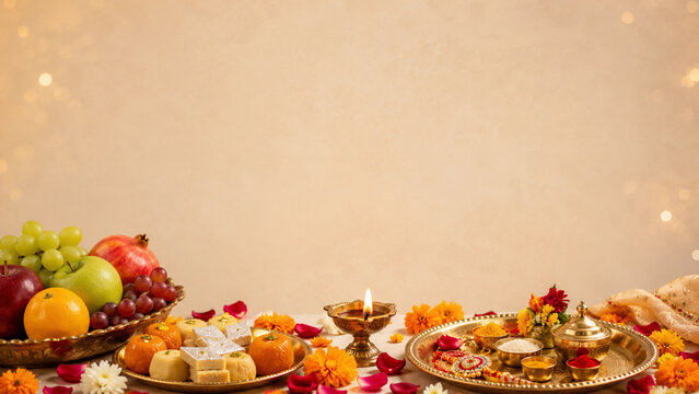 Bhai Dooj celebration setup with mithai, fruits, diya, flower petals and a decorative puja thali, warm neutral background