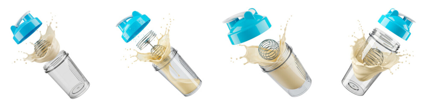 Protein shaker cup set with splashing liquid isolated on black background