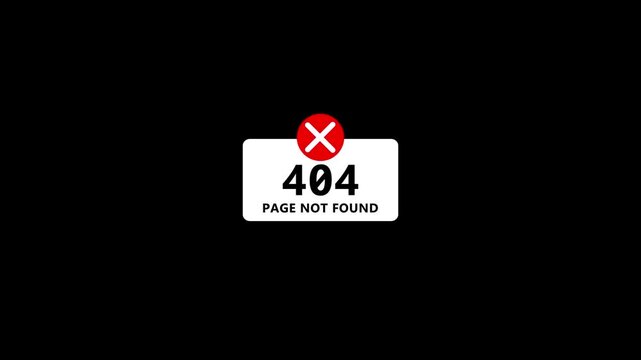 404 error page not found text animation on black background.