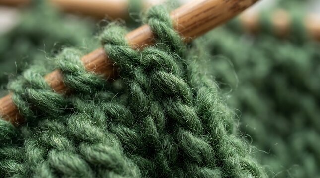 Close up view of dark green wool yarn being worked on bamboo needles