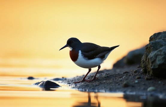 Northern white throated dipper stands on river bank at sunrise. Small bird hunts for food in shallow water near rocks. Cinclus cinclus search for aquatic insects along golden lake shore. Ornithology