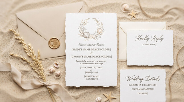 Flat lay beach wedding invitation on sand background. Complete beach wedding invitation set includes main card, RSVP, details, envelopes, gold wreath, seashells.