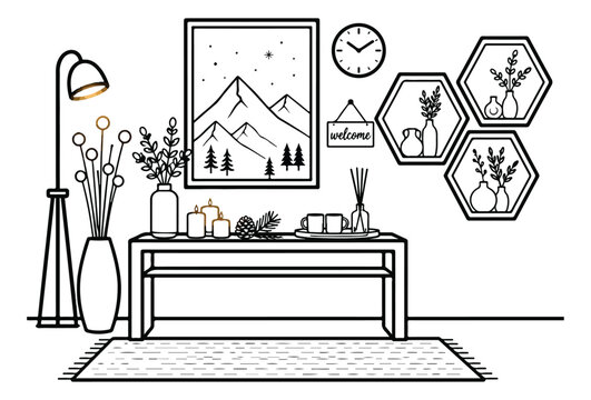 Minimalist interior line art vector, modern living room furniture with mountain wall decor, cozy home entrance hallway scene with console table