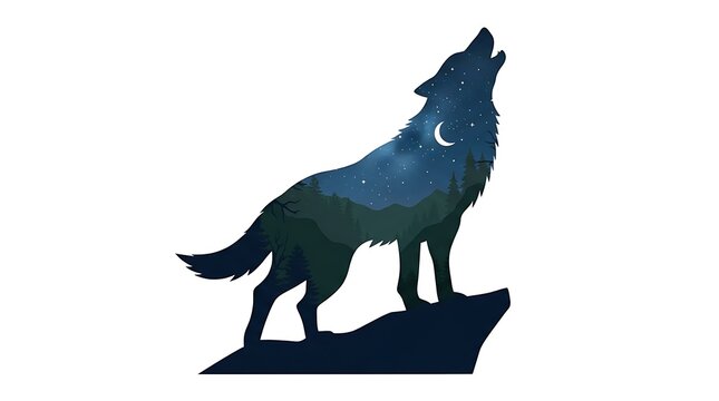 Wolf howling at night sky with moon and stars silhouette