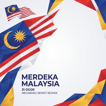 Geometric Malaysia Merdeka background, polygon pattern inspired by Jalur Gemilang, vector illustration, clean layout, large copy space, branding template