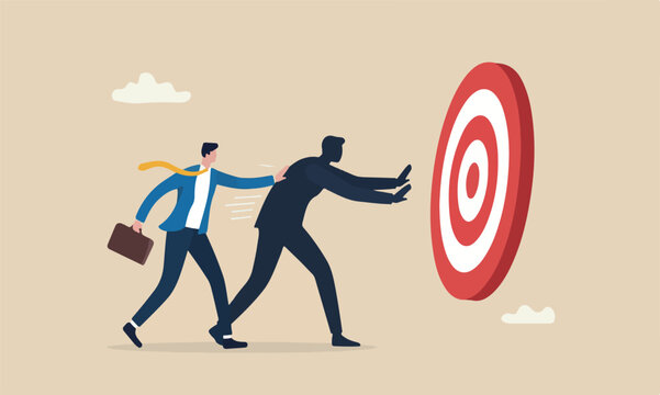 Courage, pushing target self, determination or aspiration to overcome challenge concept, fearful businessman being push by his shadow self to success