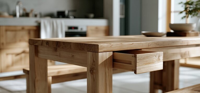 In a warm farmhouse kitchen, a solid wooden table leg supports an open corner drawer bathed in soft morning light.