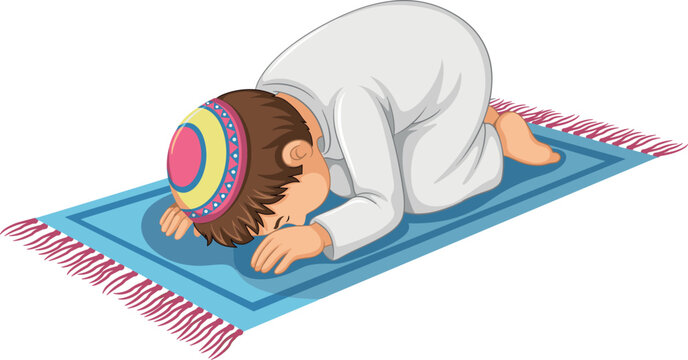 Cute cartoon Muslim boy character vector illustration praying on a mat in sujud prostration pose