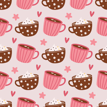 Cute Coffee mugs, hearts and stars seamless pattern. Hand Drawn Coffee mugs various patterns and designs. Vector illustration.