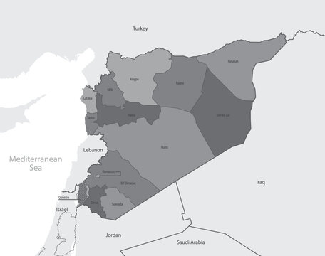 Detailed monochrome map of Syria with governorate and country boundaries western asia, vector illustration for atlas