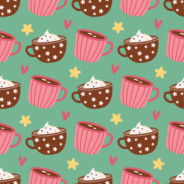 Cute Coffee mugs, hearts and stars seamless pattern. Hand Drawn Coffee mugs various patterns and designs. Vector illustration.	