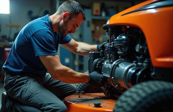 Man wearing blue shirt and gloves repairs orange riding lawn mower engine in garage. He focuses on motor details. Yard work preparation, maintenance task, mechanic job.
