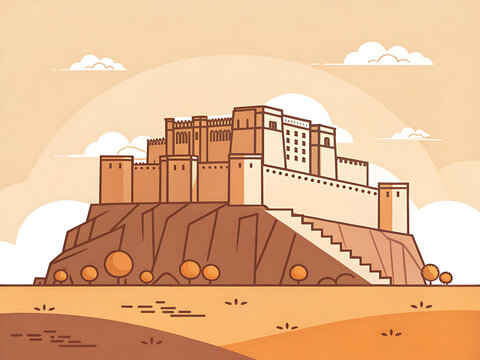 Mehrangarh Fort, massive fortress on rocky cliff, simplified walls and bastions, minimal modern vector illustration, warm desert palette.