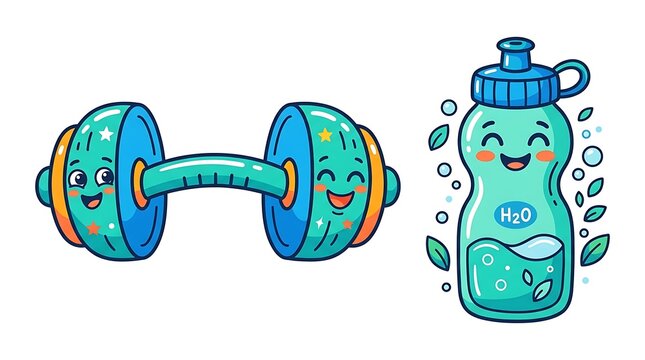Happy dumbbell and water bottle characters