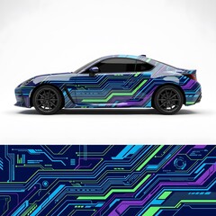 Fototapeta premium Futuristic Car Wrap Design with Blue, Green, and Purple Circuit Board Pattern