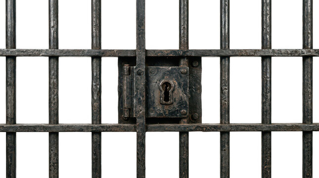 Old metal prison bars with a heavy lock isolated on transparent background