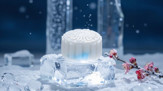 Elegant white snow skin mooncake with intricate floral pattern and blue translucent base resting on crystal clear ice cube surrounded by fresh snow ice chunks floating bubbles cherry blossom branch fr