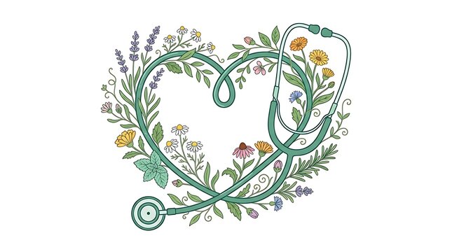 Heart shaped stethoscope with flowers and leaves on white background
