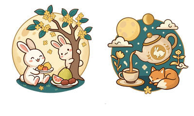 Cute Mid-Autumn Festival illustrations featuring rabbits under a glowing moon with traditional food, tea pouring, and a sleeping fox on a black background