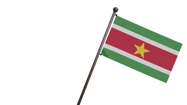 A realistic 3D render of the Suriname national flag waving on a wooden flagpole, isolated against transparent background with copy space