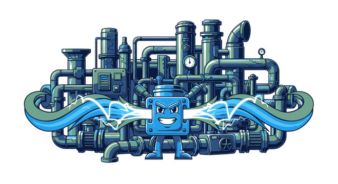 Blue robot character in industrial pipe system