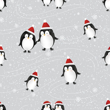Winter Christmas Seamless Pattern With Cute Penguins Wearing Santa Hats On Blue Snow Background. New Year Vector Illustration For Gift Wrapping Paper, Fabric, Wallpaper And Holiday Textile for x-mas