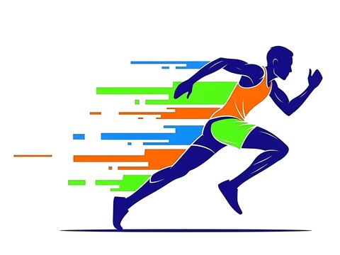 stylized graphic illustration of a runner in motion with colorful horizontal streaks suggesting rapid speed