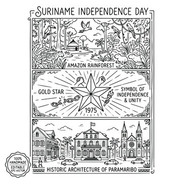 Suriname Independence Day vintage line art poster, Amazon rainforest wildlife and historic architecture of Paramaribo, gold star symbol of unity